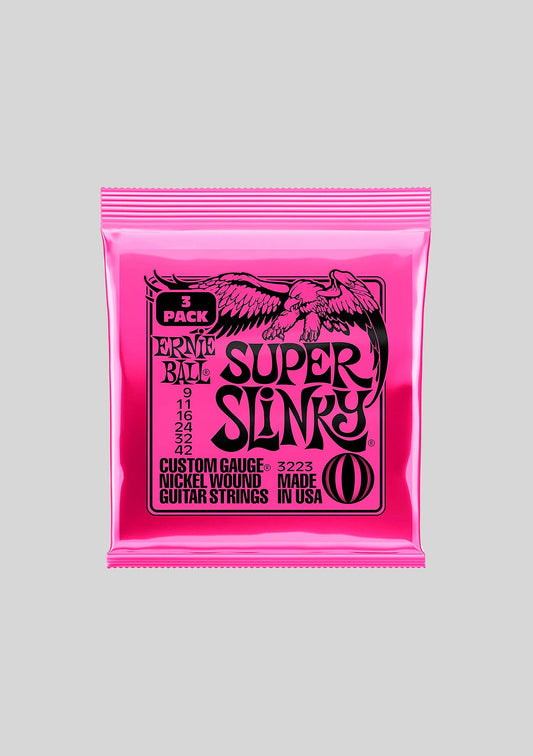 Pack de 3 set cuerdas guitarra eléctrica Ernie Ball Super Slinky Nickel Wound 9-42  P03223