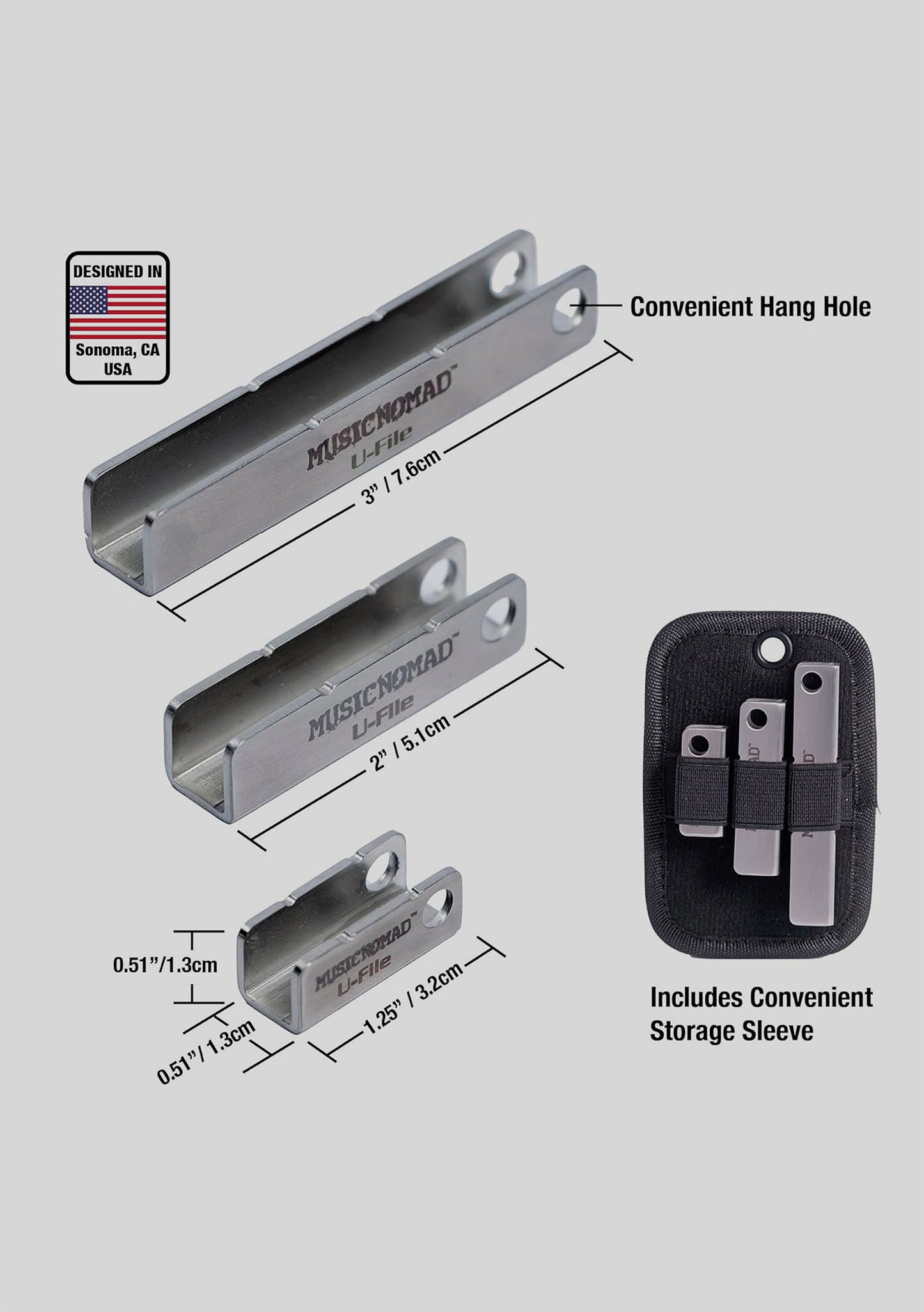 Nivelador de trastes single Set de 3 (1.25”, 2”, 3”) MusicNomad Fret Leveler - Diamond U-File for Leveling Single Guitar Frets -
