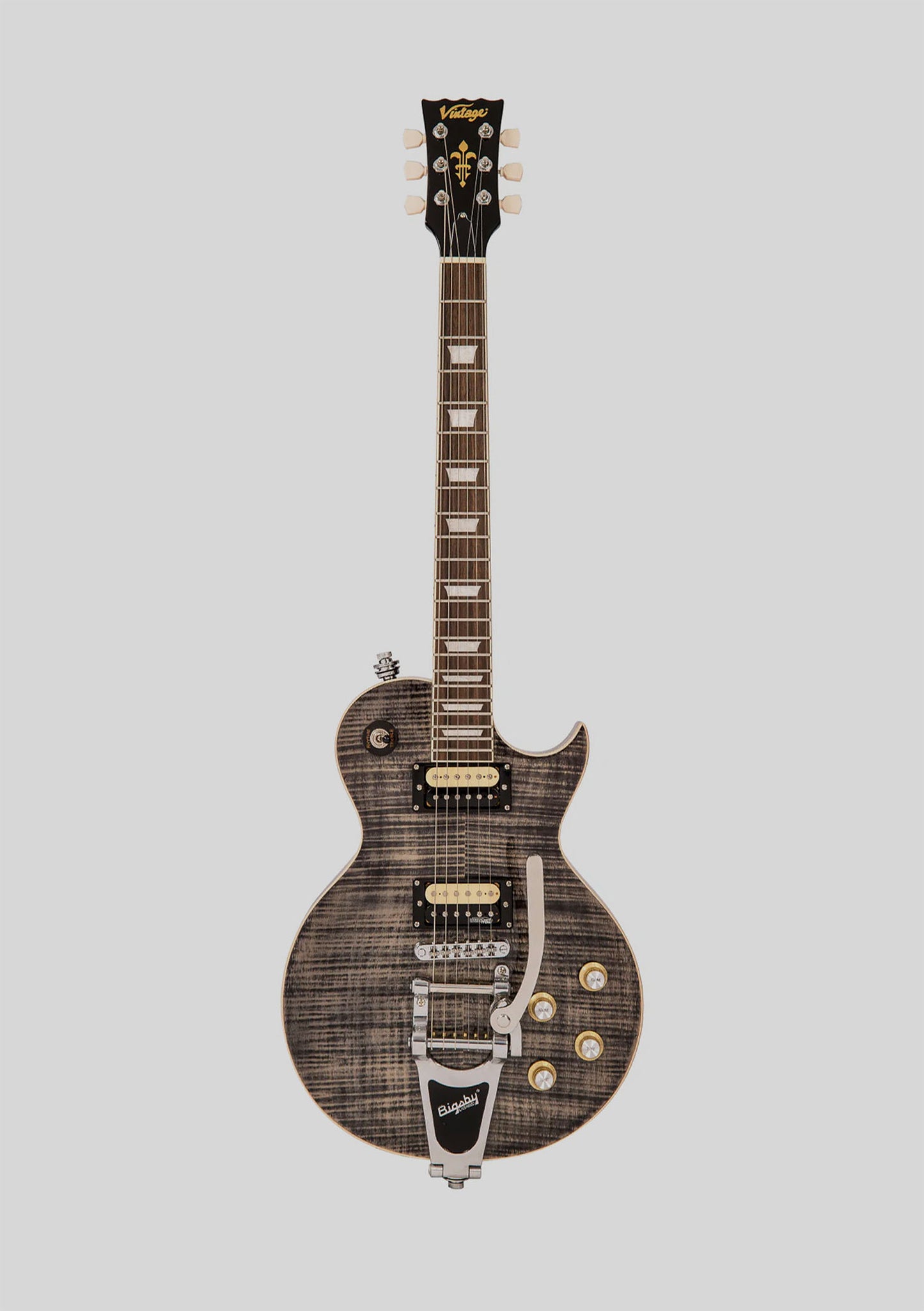 Vintage V100 Reissued Black Flamed con Bigsby - Guitarra eléctrica